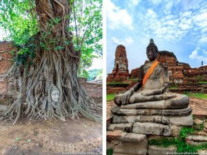 Buddha vor einem Tempel in Ayutthaya