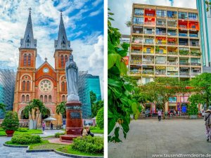 Links die Kirche und rechts das Kaffeehaus in Saigon